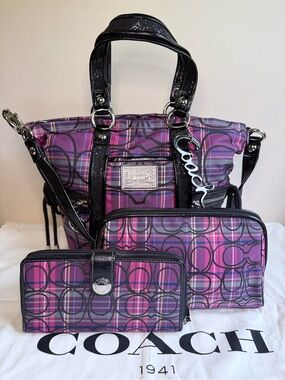 Coach Poppy Plaid Trio — Satchel + Wallet + Makeup Case - EUC + Dust Bag